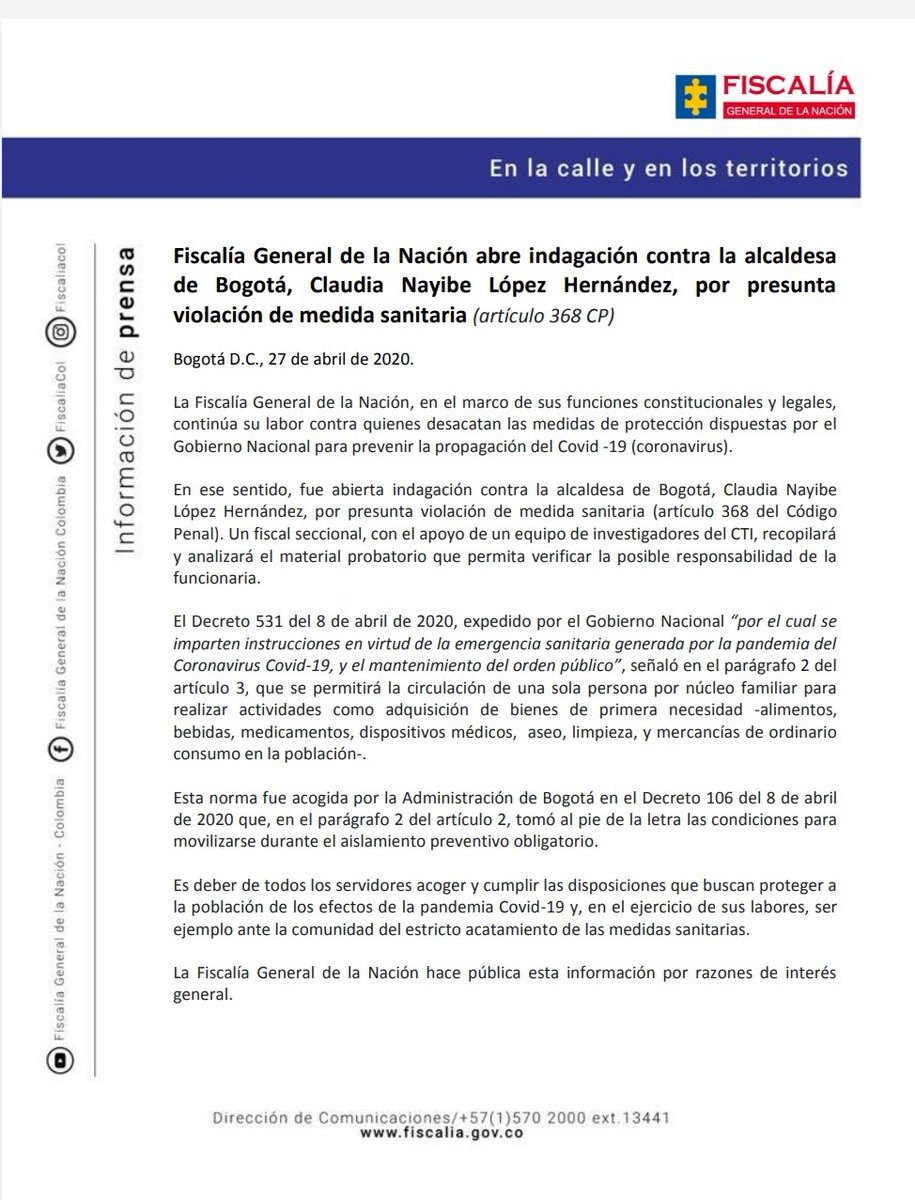 FiscaliaCol's tweet photo. #Fiscalía General de la Nación abrió indagación contra la alcaldesa 
de Bogotá, Claudia Nayibe López Hernández, por presunta 
violación de medida sanitaria (artículo 368 del Código Penal). https://t.co/ybpY6xFv6q