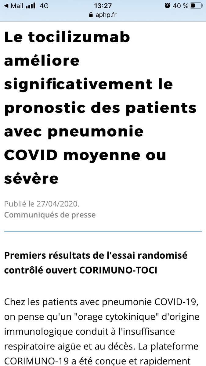 Marie Wislez (@mariewislez) on Twitter photo 👍🙏💪Positive result for randomised trial with toci in #COVID19 patients <a href="/APHP/">Assistance Publique – Hôpitaux de Paris (AP-HP)</a> 👍🙏💪Positive result for randomised trial with toci in #COVID19 patients <a href="/APHP/">Assistance Publique – Hôpitaux de Paris (AP-HP)</a>