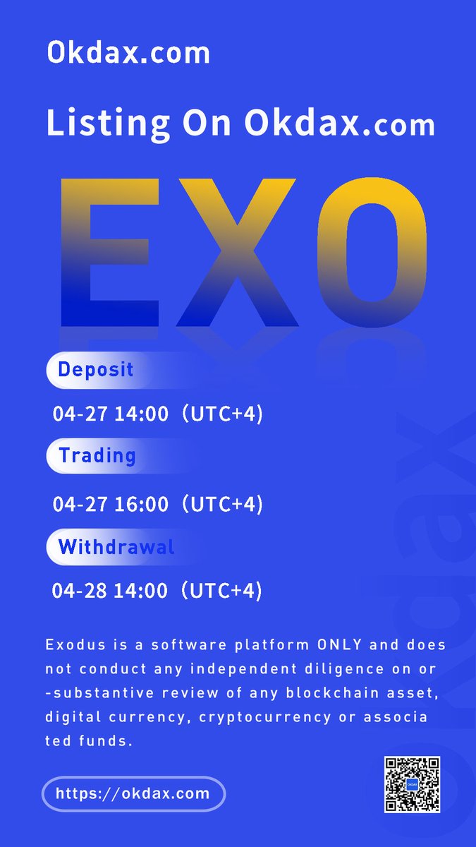 okdaxcom's tweet photo. 📢NEW LISTING.

OKDAX will list EXO token on ⌛️April 27, 2020.

📈Trading pair: EXO/USDT.

🗳Deposit: 27th, April 2020( UTC +4)
📊Trading: 27th, April 2020( UTC +4)
🧰Withdrawal: 28th, April 2020( UTC +4).

🔍More Details👉 https://t.co/yPgg7jLJxQ https://t.co/qirSFNuRJw