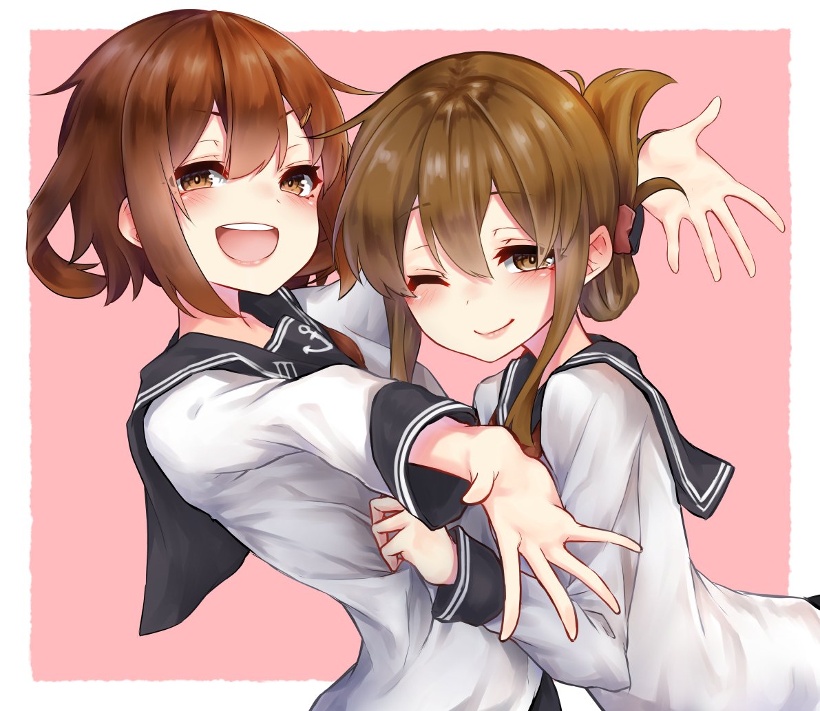 ikazuchi (kancolle) ,inazuma (kancolle) multiple girls 2girls school uniform brown hair serafuku folded ponytail black sailor collar  illustration images