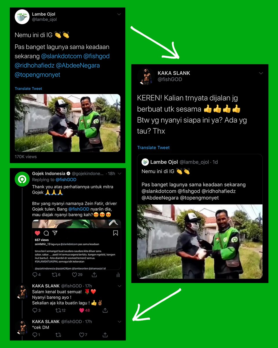 gojekindonesia's tweet photo. Udah liat video buatan driver Gojek (Bang Zein) yang direspon sm personil @slankdotcom?

Dari situ, jadi ngobrol panjang sama Kaka Slank (@fishgod) &amp; rencananya sih mau kolaborasi utk bantu mitra driver Gojek &amp; rekan di jalanan. Tungguin ya!

Tenang aja, Bang Zein juga kita ajak. https://t.co/srf1eTrOdn