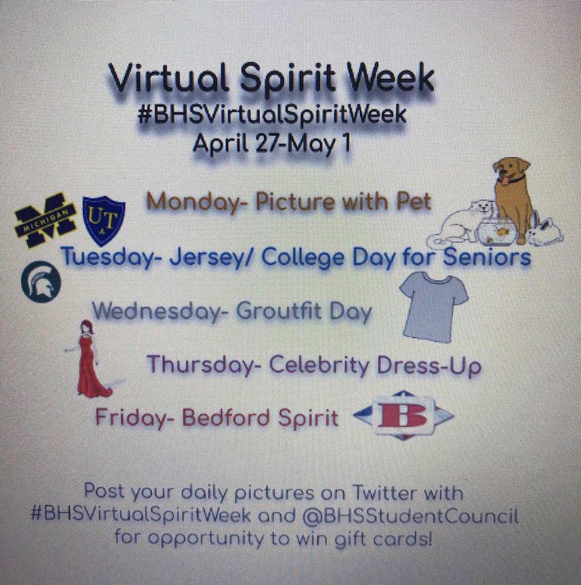 BHSStudentCoun's tweet photo. @MuleNation This week is a virtual spirit week. Today post a pic with you and a pet. Tag @BHSStudentCoun  and use the hashtag #BHSvirtualSpiritWeek 

We will randomly pick 1 person per day to win a $10 gift card and we will choose 1 most spirited to win the $20 gift card https://t.co/MvMArfl6SK