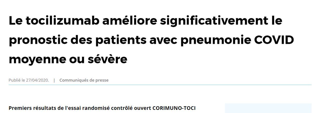 David Malka (@malkadav) on Twitter photo Excellente nouvelle (si elle est validée par une revue indépendante des données) : le #tocilizumab, dirigé contre la voie de l'interleukine-6, actrice-clé de "l'orage cytokinique" typique des formes sévères du #COVID19, efficace dans un essai contrôlé randomisé mené à l'<a href="/APHP/">Assistance Publique – Hôpitaux de Paris (AP-HP)</a>. Excellente nouvelle (si elle est validée par une revue indépendante des données) : le #tocilizumab, dirigé contre la voie de l'interleukine-6, actrice-clé de "l'orage cytokinique" typique des formes sévères du #COVID19, efficace dans un essai contrôlé randomisé mené à l'<a href="/APHP/">Assistance Publique – Hôpitaux de Paris (AP-HP)</a>.