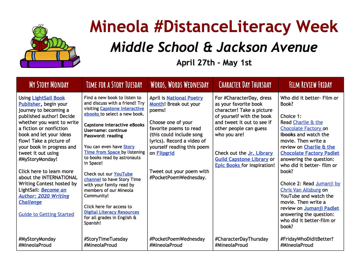 MsTrojanowski's tweet photo. Morning @MineolaMS! #MineolaProud to launch #DistanceLiteracy Week - Today is #MyStoryMonday Challenge yourself to write something that inspires/interests you - fiction or nonfiction! Check out @RosenLightSail Become an Author Challenge. Can't wait to read your stories! 📝💻📔 https://t.co/1CissMAo1R