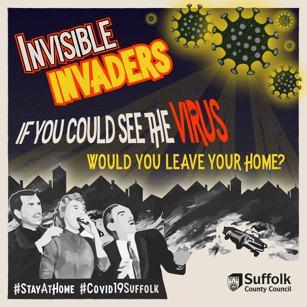 "If you could see the virus - would you leave your home?" - By staying at home and only going out for essential journeys and exercise once per day - you are slowing the spread and saving lives. #StayAtHome #SlowtheSpread #SaveLives