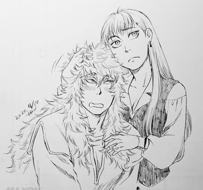 ペン入れ修行。考え事をしながらもモジャモジャするお姉さん。1枚絵というより、漫画の1コマみたいなかんじだと、きっちりぴっちりペン入れするより、これぐらいの度合いの方が見やすいかも…。#白い竜 