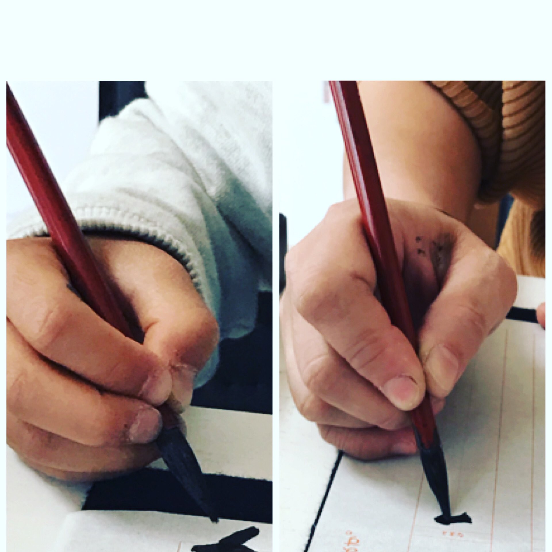 書道家セラピスト 小筆の持ち方は 下手くそゾーン と親指を真っ直ぐにすること 小指は必ず紙にくっついてること 写真を比べて分かってくれたらいいな 小筆 日本習字 名前を1番上手に書こう 築上町 T Co 6onn946gx1 Twitter