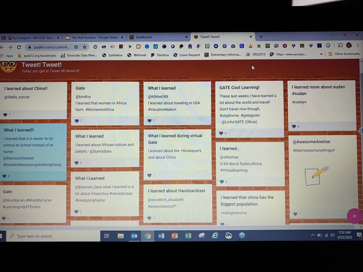 💡<a href="/APS_Gifted/">Gifted and Talented Education</a> <a href="/APS_SarahSmith/">SarahSmithElementary</a> Don’t forget about this interactive 🔧! We used <a href="/padlet/">Padlet</a> to create our own Virtual Learning Tweet board. Great 4 reflecting! ➕it to your 👩🏽‍💻plan for the week! Students like to Tweet too! <a href="/EmilyBoatright/">Emily Boatright</a> @ptyut1999 <a href="/apsitdominique/">Dominique' H.</a>