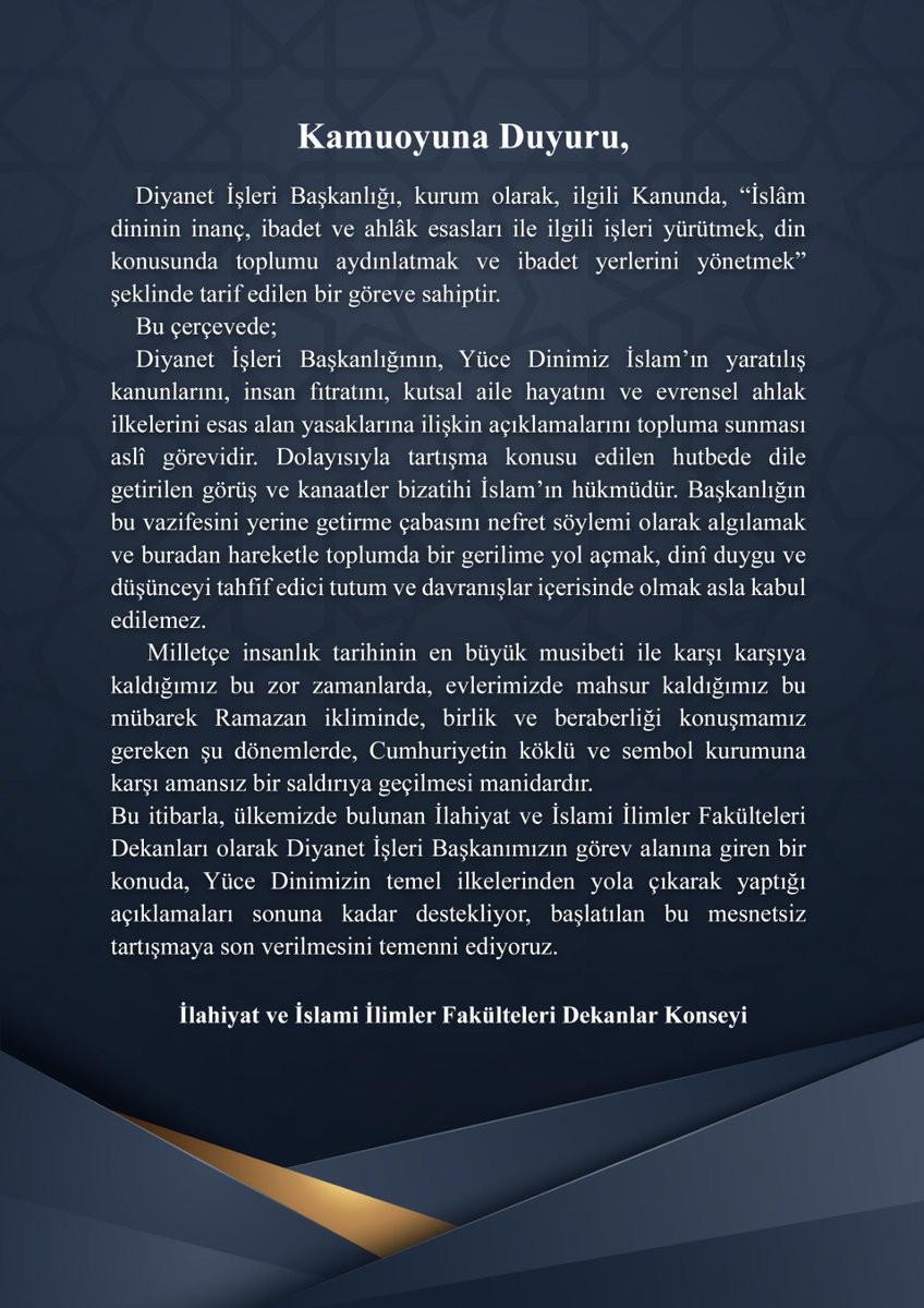 İLAHİYAT FAKÜLTELERİ DEKANLAR KONSEYİ'NDEN KAMUOYUNA DUYURU...