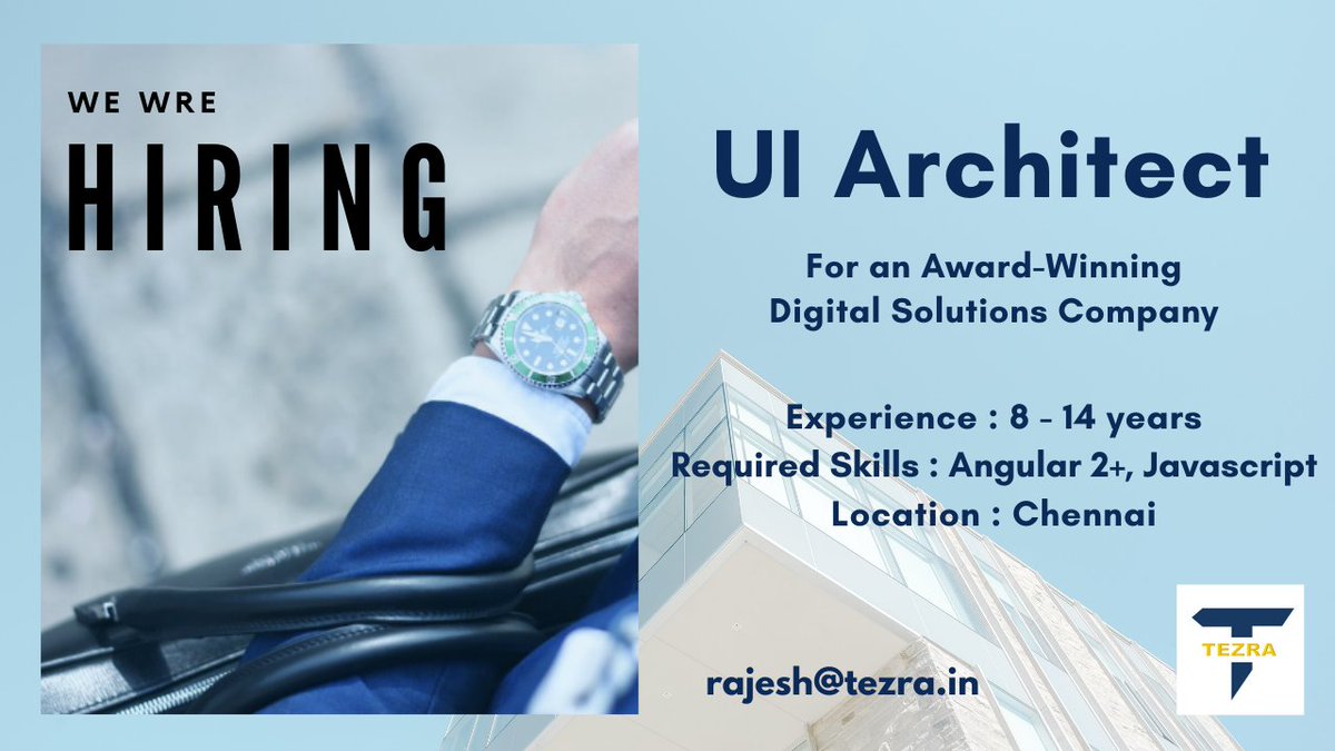 Tezrarecruiter's tweet photo. #hiring #uiarchitect #angular2plus #javascript #chennai #java  #devjobs #itjobs #itjob #chennaijobs #hiringnow #jobsearch #jobopening #jobopportunity #recruitingnow #careers #jobpostings  #developerjobs #jobhunt #tweetmyjobs #nowhiring 
rajesh@tezra.in
https://t.co/fy8BBVqoGG https://t.co/usS4BG48zh