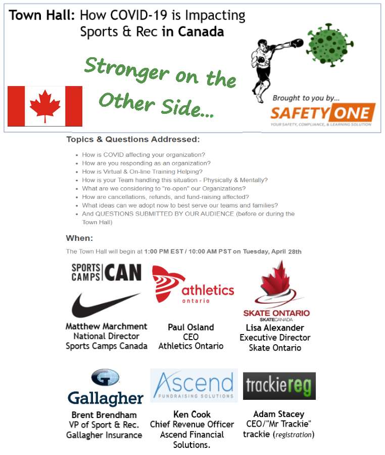 s1safetyone's tweet photo. Please join tomorrow's Town Hall on the Impacts &amp; Challenges the Canadian Sports world is facing due to COVID-19. I am honored to moderate a discussion with this panel of leaders. Register to join us:
https://t.co/SsUdGmCKU6
@SkateOntario @athleticsont @SportsCampsCan @Trackie https://t.co/nQwJqKjZza