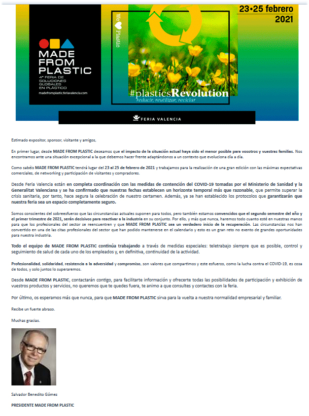 PlasticFV's tweet image. 📝 El presidente de #MFP21, Salvador Benedito, ha remitido esta carta a expositores, patrocinadores, visitantes y amigos del certamen 

🗨 "Nos encontramos ante una situación excepcional a la que debemos hacer frente adaptándonos a un contexto que evoluciona día a día".