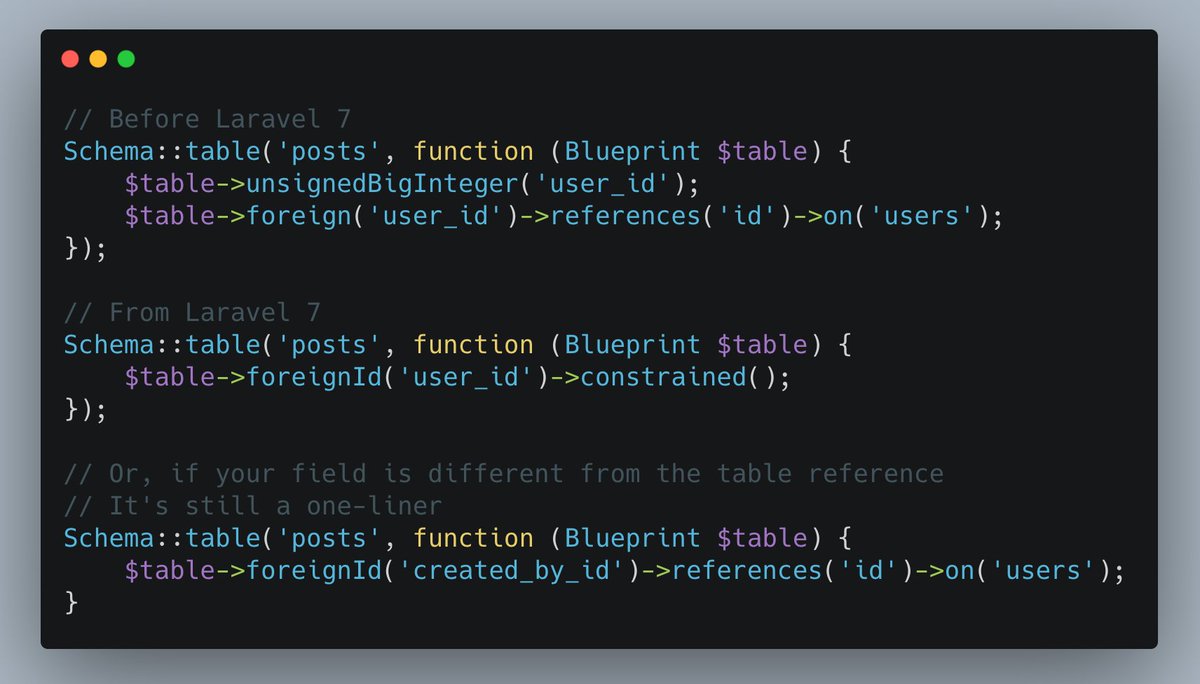 #Laravel tip of the day: from Laravel 7, in migrations you don't need to write two lines for relationship field - one for the field and one for foreign key. 
Introducing to you.. $table->foreignId() method one-liner!