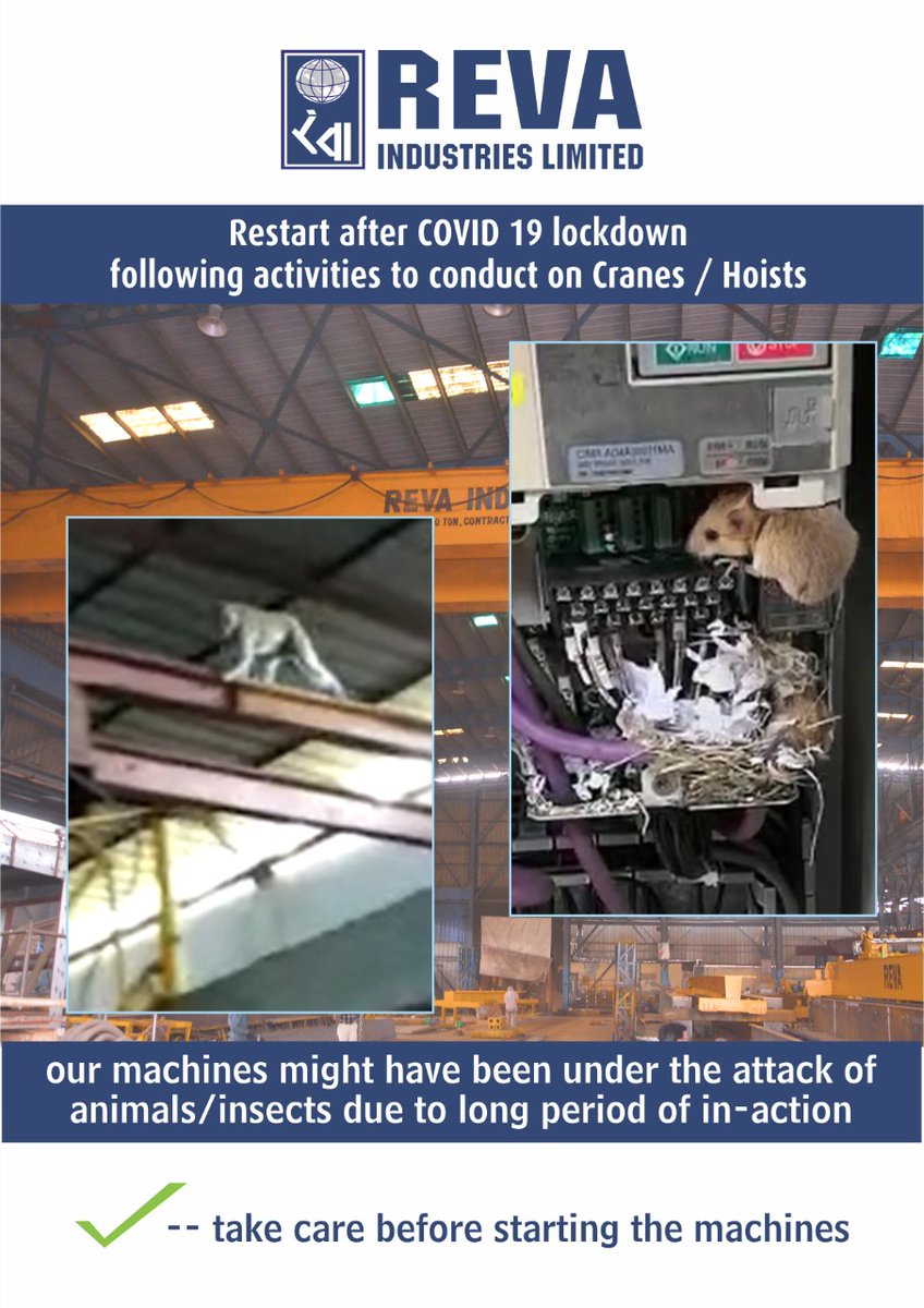 revadmkt's tweet image. *RESTARTING AFTER #COVID19 #LOCKDOWN*
Following activities to conduct on Cranes / Hoists.  Our machines might have been under the attack of animals/insects due to long period of in-action Take care before starting t he machine.
DOWNLOAD FREE E-BOOK :  lp.revacranes.com/covid19-post-l…