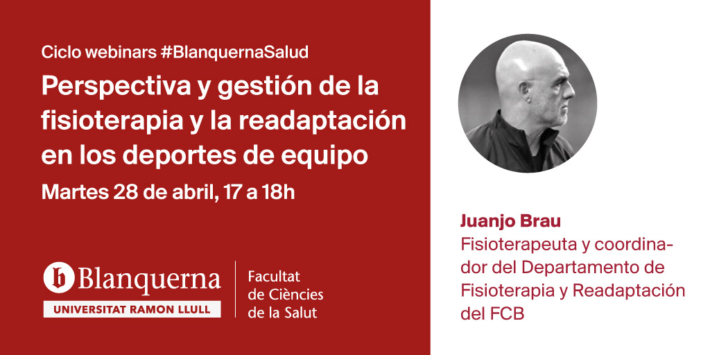 BlanquernaFCS's tweet photo. ⚽️🏀🏈 webinar #BlanquernaSalud‼️ "Perspectiva y gestión de la fisioterapia y la readaptación en los deportes de equipo", con Juanjo Brau, fisioterapeuta FCB. 
🗓Martes 28 de abril, 17-18h 
Registro ➡️ https://t.co/Tan0fbfxZe
@AlbertPuigDivi @afortvan @Estermateos @VilaroJordi https://t.co/WxYZWcIqRN