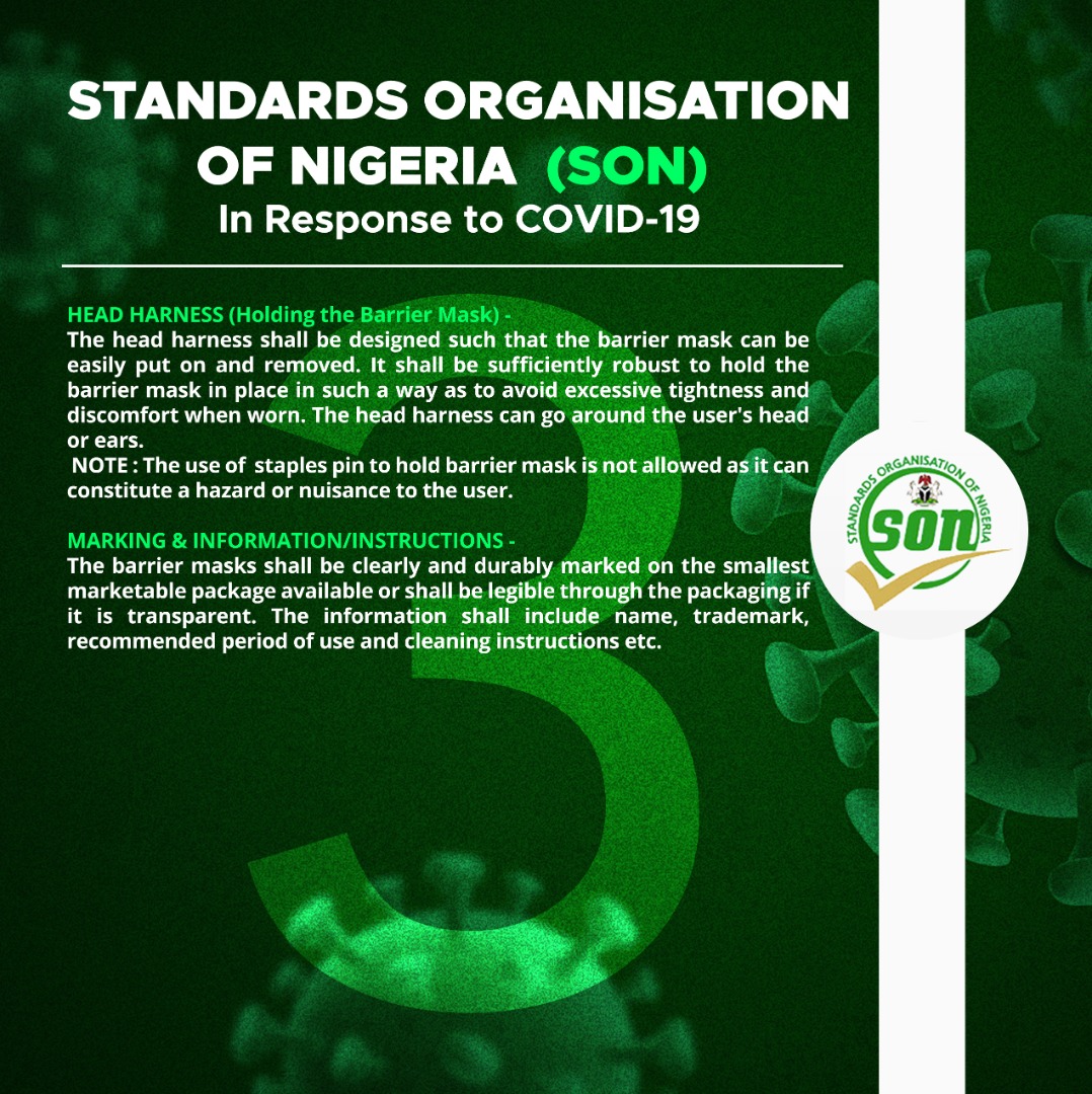 SON Nigeria on X: Please read the guidelines on Quality Barrier Masks for  Makers and Users of face mask in Nigeria. #Covid19InNigeria   / X