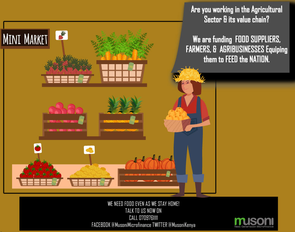 MusoniKenya's tweet photo. What is your #lockdownhustle? We are looking to fund food suppliers, farmers & people in agribusiness. Talk to us today & #together let us #OverComeCorona. #MusoniCares https://t.co/Q3uNMUVCJN