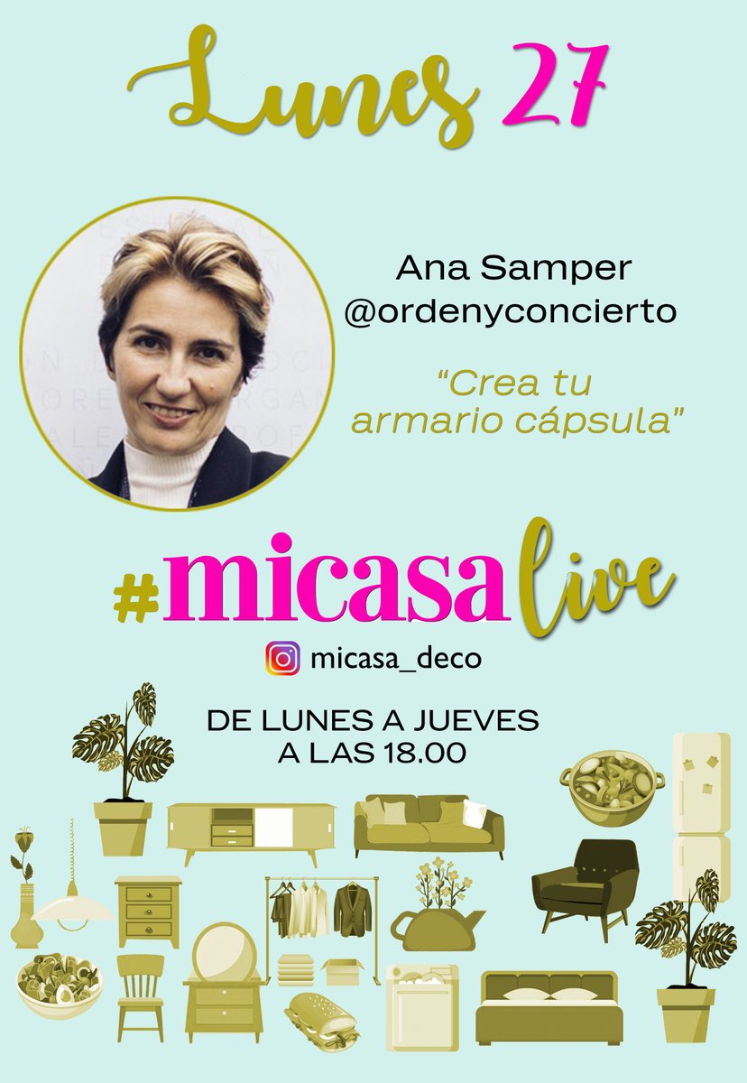 #MicasaLive En el directo de hoy (18:00 h.):
¿Conoces los armarios cápsula? con Ana Samper de @ordenyconcierto 
👉🏻 instagram.com/micasa_deco/
#DíasExtraordinarios #YoMeQuedoEnCasa #planesencasa #felizlunes
