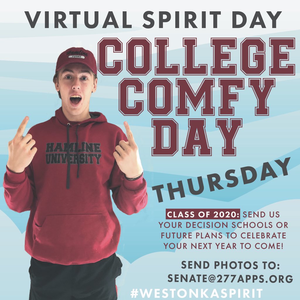 MWHSSenate's tweet photo. White Hawks, we miss you all so much! This Wednesday, share with us how you’ve been staying occupied during quarantine. On Thursday, we want to see your college comfy wear! Be sure to participate. Virtual spirit days this Wednesday and Thursday. https://t.co/BS3ticYUd6