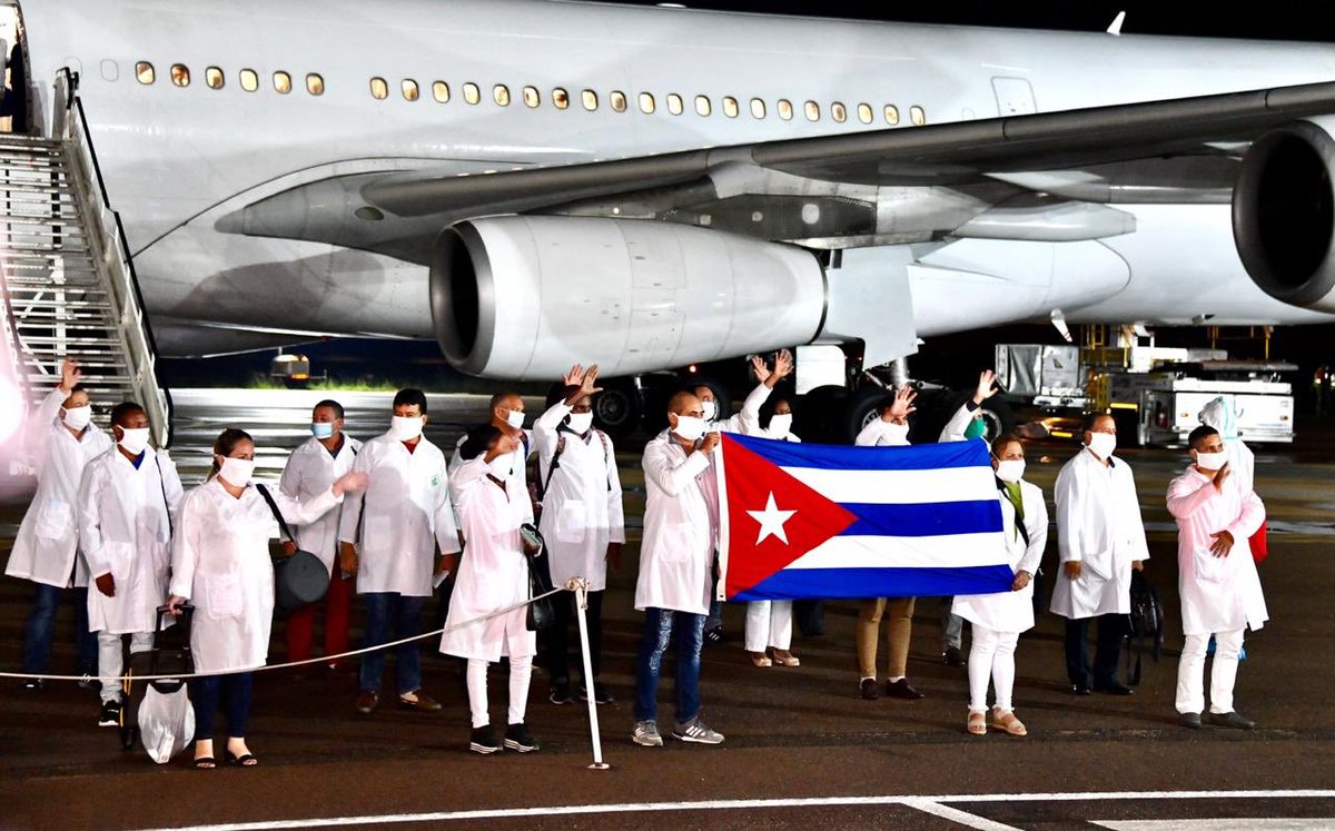 CyrilRamaphosa's tweet photo. The theme for this year’s #FreedomDay is: “Solidarity and the triumph of the human spirit in challenging times”. It is fitting that on this day we should welcome Cuban health experts who have arrived in our country to support our efforts to curb the spread of #COVID19. 🇨🇺🇿🇦 https://t.co/dVJO6hZaVr