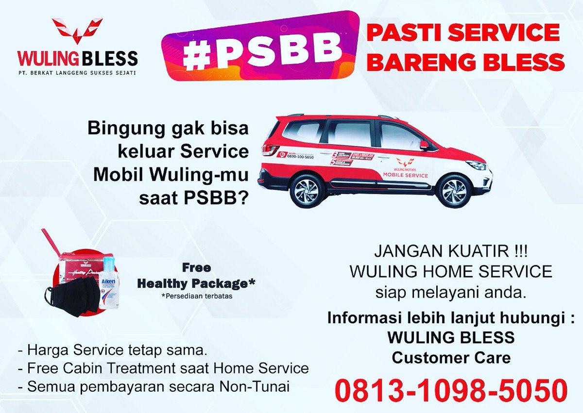 Ken_Hamada81's tweet photo. #PSBB Pasti Service Bareng BLESS

Bingung gak bisa keluar buat Service Wuling’mu saat PSBB?
Contact Kami aja, Kami yg datang, kami Beri Free Healthy Package

@WulingMotorsID 
#wulingsalesteam #wulingblessbasra #wulingbless https://t.co/3611LSSGH3