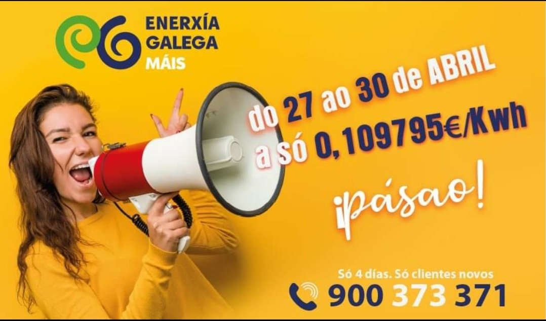 Maisenerxia's tweet photo. 📢 Podemos dicilo máis alto pero non máis claro. Só do día 27 ao 30 de abril #TarifaExpress
✔ Para novos clientes
✔ Para consumos > 1.500 Kwh/ano e <= 10.000 Kwh/ano
✔ Potencia Contratada entre 1,5 Kw e 10 Kw
✔ Ata o 30 de Abril
☎ Chama gratis ao: 900 373 371 https://t.co/MRRc1TSIF7