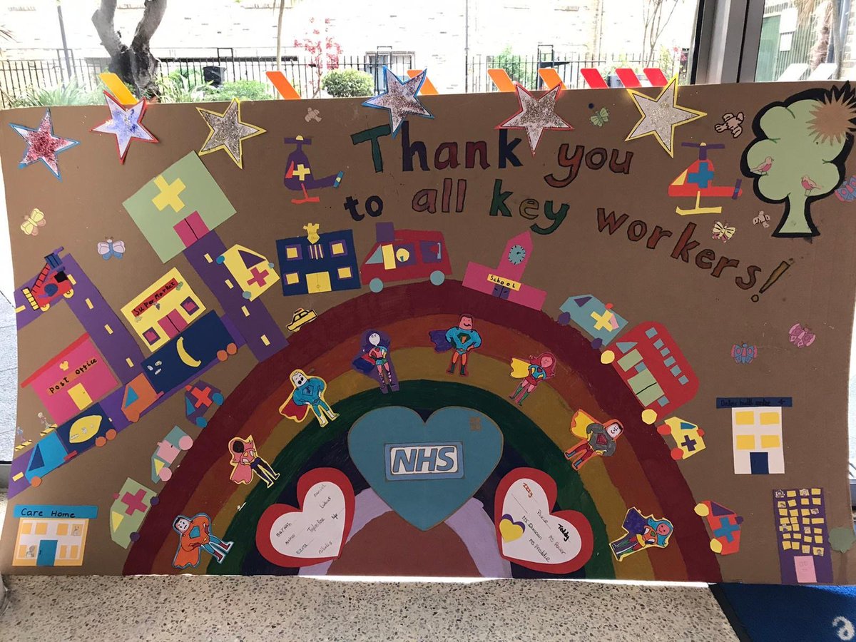 ClaphamManor's tweet photo. The children and staff in school also made this huge poster to say thankyou to key workers. Hopefully it is big enough for any key workers to see if they are walking past on their way to work! #thankyouNHS #thankyoukeyworkers https://t.co/ZaaOPQlI2C