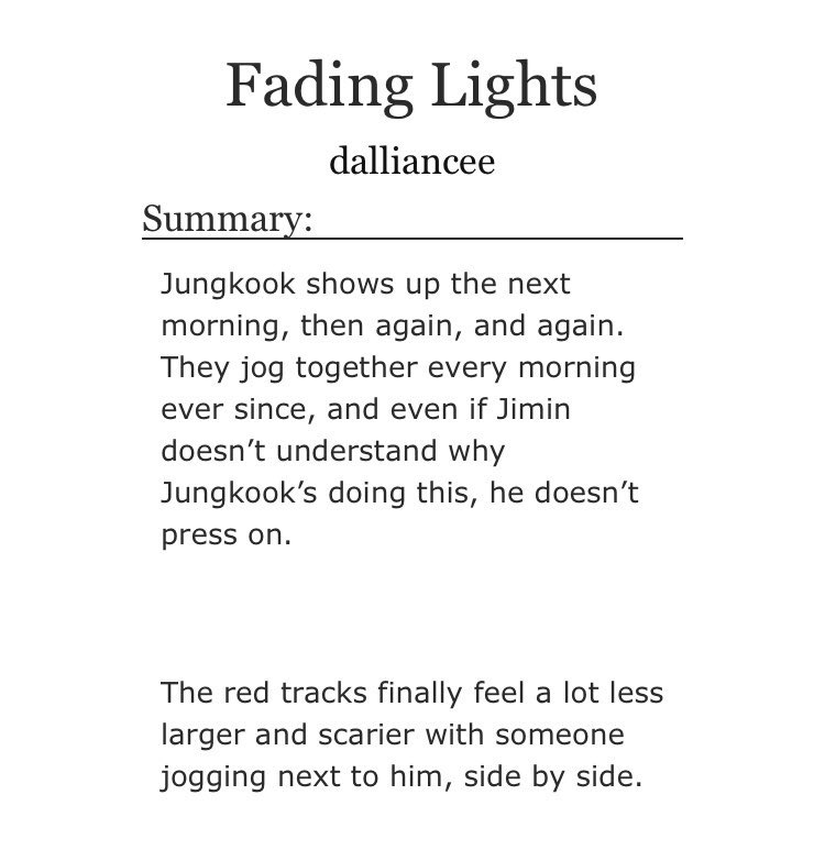 ➳「 fading lights 」< link:  http://archiveofourown.org/works/14251668  >♡︎ - lots of angst♡︎ - abusive parents♡︎ - vminkook go through a lot of shit♡︎ - jikook help each other♡︎ - they all need to be protected♡︎ - you will probably cry (i did)