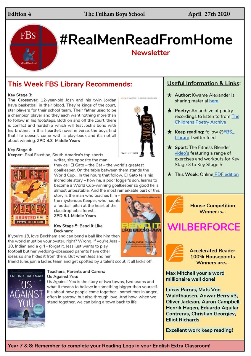 FBS_Library's tweet photo. @FulhamBoys #RealMenReadFromHome Edition 4 is out today. Excellent reading from @FBS_Wilberforce house this week but there was only 3 house points between the top three. Keep reading and quizzing, house points are awarded for every quiz taken and for 100%, 2 x 90% and 3 x 80% https://t.co/dYkhBbGZHZ