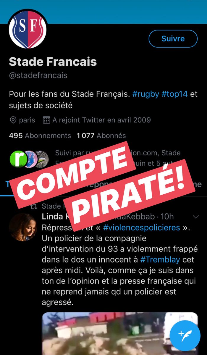 Pink Rockets (@pinkrocketssf) on Twitter photo ⛔️❌⚠️ ALERTE COMPTE PIRATÉ ⚠️❌⛔️
Le compte de l’association omnisports du Stade Français, s’est fait pirater ! N’hesitez pas à signaler le compte <a href="/stadefrancais/">FanDuStade</a> ❌ ⛔️❌⚠️ ALERTE COMPTE PIRATÉ ⚠️❌⛔️
Le compte de l’association omnisports du Stade Français, s’est fait pirater ! N’hesitez pas à signaler le compte <a href="/stadefrancais/">FanDuStade</a> ❌