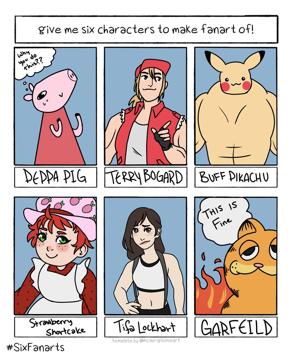 jellynautilus's tweet photo. This is my first 6fanarts challenge.... my friends are memes so a few of these were drawn as memes.
#peppapig #terrybogard #buffpikachu #buffachu #pikachu #pokemon #strawberryshortcake #tifalockhart #finalfantasy7 #ff7 #garfield https://t.co/cyzP6Bu6xs