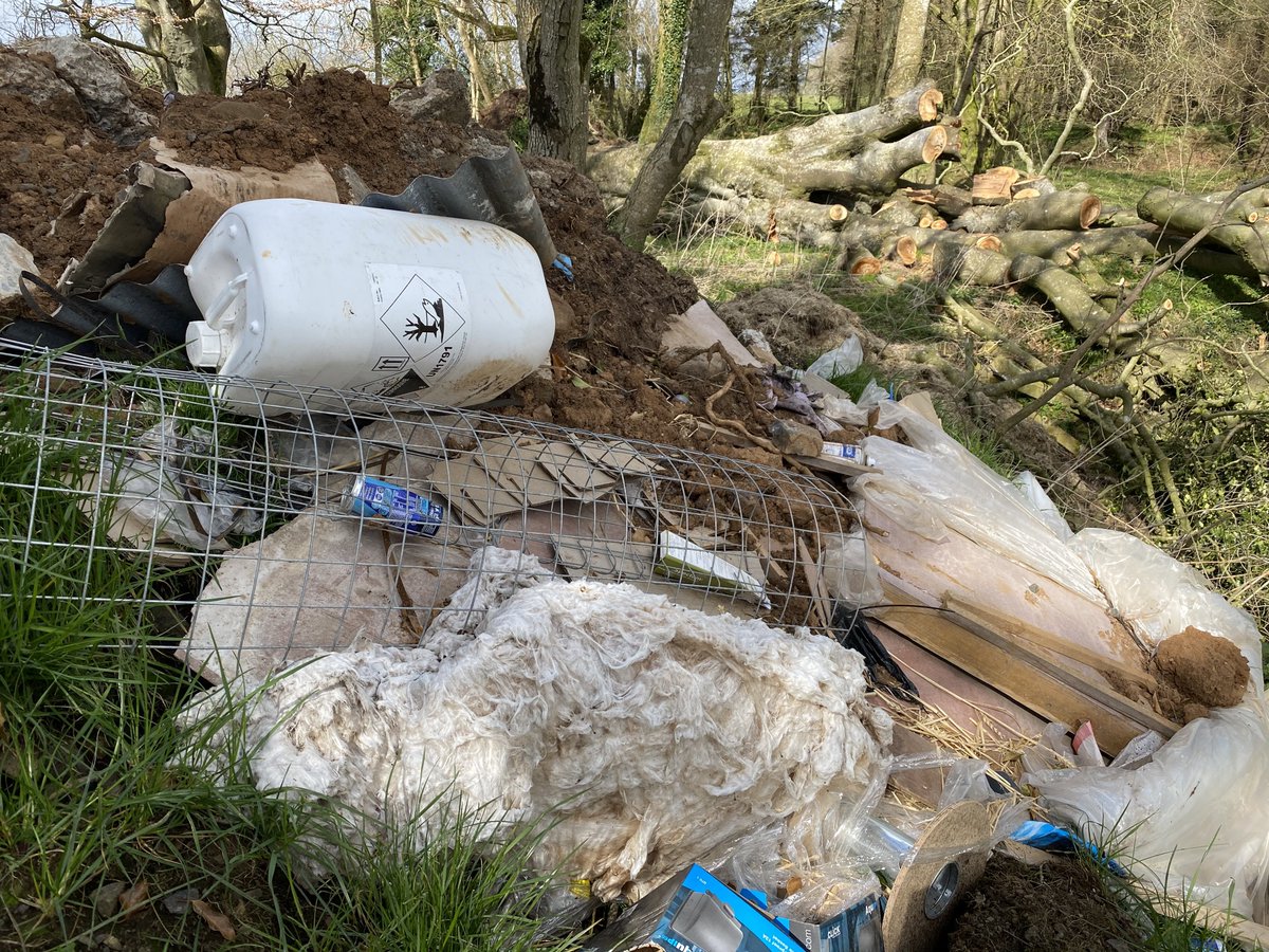 1st April. infilling woodland with mountains of rubble and waste, inc (empty?) drum of some nasty looking hazardous stuff