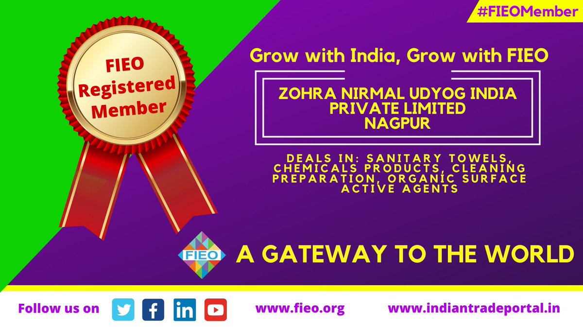 Congratulations M/s Zohra Nirmal Udyog India Pvt Ltd, Nagur, Maharashtra for becoming FIEO Member! 

Welcome to the family!
#FIEOMember #GrowWithFIEO 
<a href="/DoC_GoI/">Dept of Commerce, GoI</a> <a href="/dgftindia/">DGFT</a> <a href="/PiyushGoyalOffc/">Piyush Goyal Office</a>
<a href="/makeinindia/">Make in India</a> <a href="/cbic_india/">CBIC</a> <a href="/startupindia/">Startup India</a>
<a href="/GlobalLinker/">GlobalLinker</a> <a href="/nitin_gadkari/">Nitin Gadkari</a> <a href="/minmsme/">Ministry of MSME</a>