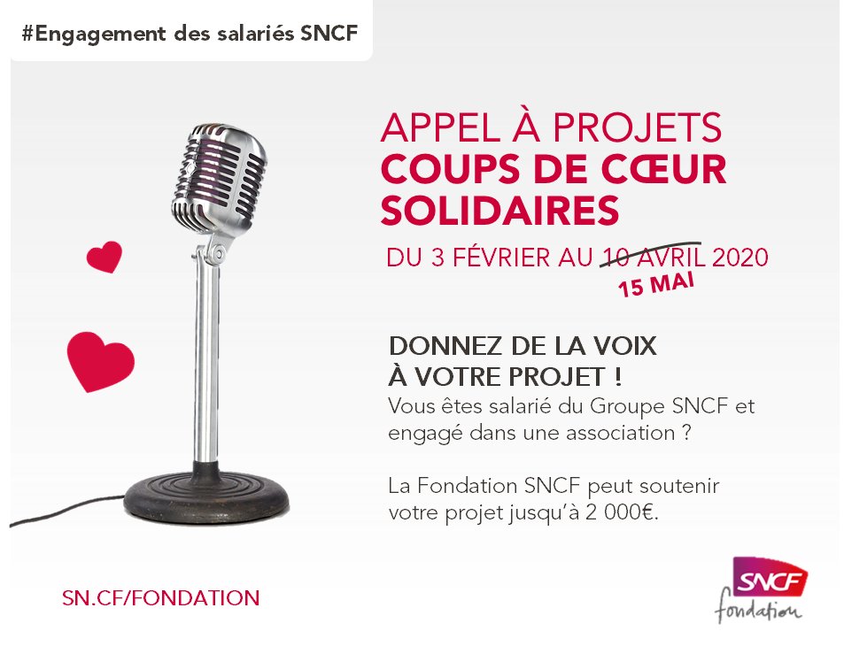 FondationSNCF's tweet photo. [#AppelàProjets] Connaissez-vous des collègues @GroupeSNCF qui s’engagent dans une association ? Faites-leur découvrir les #CoupsdeCoeurSolidaires de la @FondationSNCF et obtenir un coup de pouce financier pour leur projet. 
Inscriptions jusqu'au 15 mai 👉 https://t.co/1RmyP1JUEJ https://t.co/0seTId709b