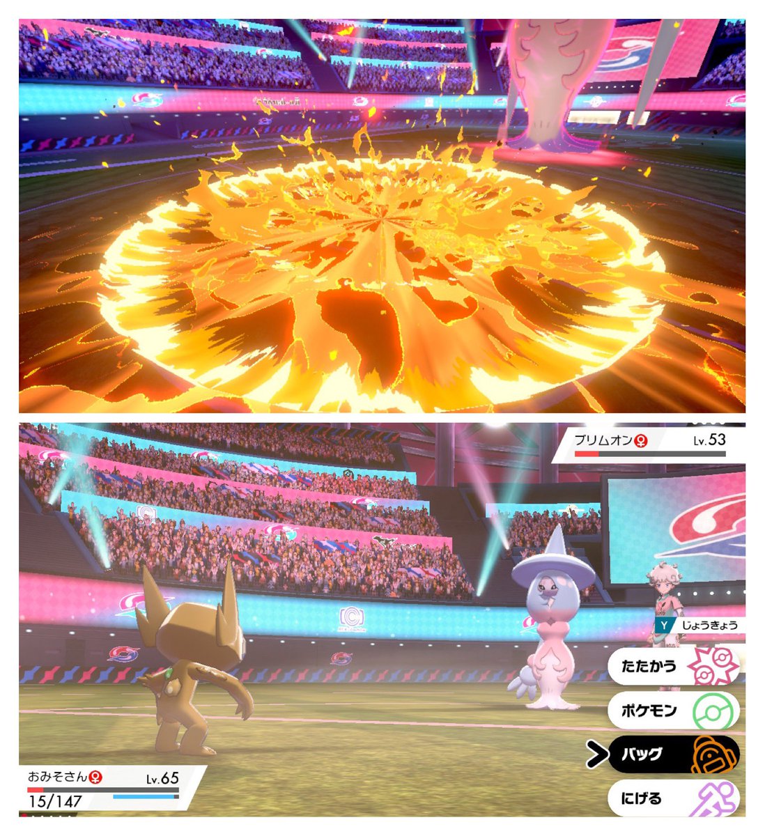 モジャ八郎 ズアのみは効果絶大 サーナイト相手も安定する しかしやはりブリムオン キョダイテンバツとダイホロウで瀕死同士になるけど混乱させられているので攻撃が危ない かいふくのくすりがまだ売ってないので満タンの薬でhpのみ回復 相手の攻撃