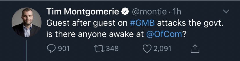 I’m going to start posting examples on this thread, feel free to add your own.Here is government cheerleader and friend to far right governments Tim Montgomerie getting upset at  #GMB and thinking Ofcom might care.Sources suggests he was a serious journalist before Brexit.