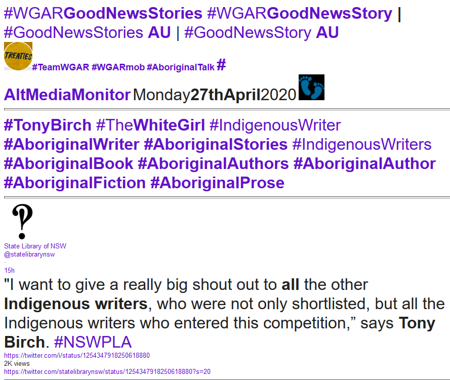 WgarNews's tweet photo. @twtrrr @3wombats @BlakandBlack @lynlinking @RobRobbEdwards @BakchosGlass @RachelQuayle08 @RightsLGBTI @anne_clothier @WhteRbbnAdvocat @JonesHowdareyou @noplaceforsheep @Michz45 @NSW_PLA @WomensAgenda #TonyBirch #TheWhiteGirl #AboriginalWriter #AboriginalStories #IndigenousWriters #AboriginalBook #AboriginalAuthors #AboriginalAuthor #AboriginalFiction #AboriginalProse | @statelibrarynsw #StateLibraryOfNSW | #WGARGoodNewsStory | #GoodNewsStories AU | https://t.co/IXlEfluE6z https://t.co/AVf9Maeg71