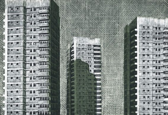 'Point Blocks on the Tustin Estate' by Louise Hayward, a London-based printmaker #womensart