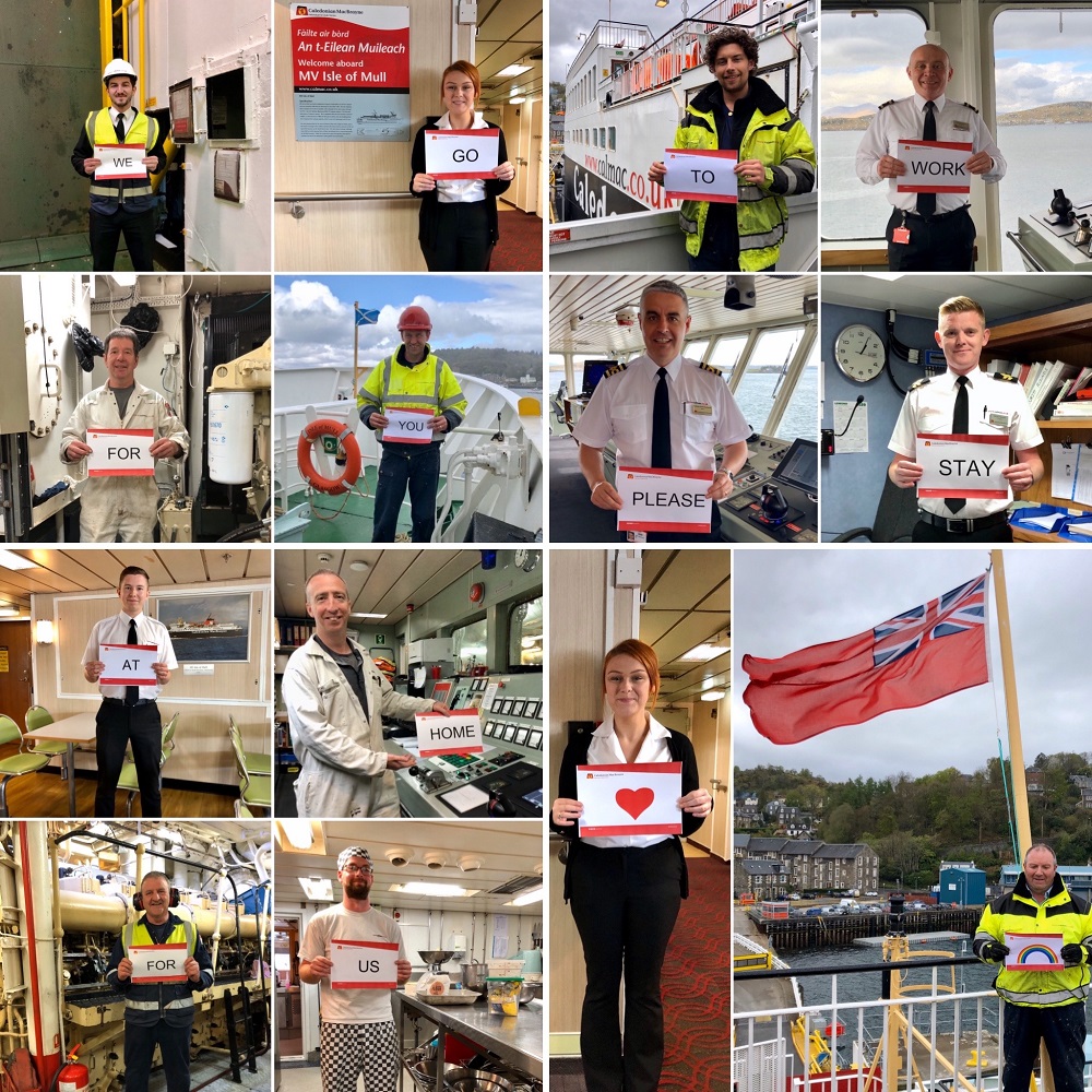 Thanks to Master @lewismac100 on the MV Isle of Mull for sharing his crew spreading the #StayAtHome message. The crew are working to make sure the community of Mull is still connected to the mainland. Helping key workers and NHS staff be able to play their roles #WeAreCalMac 👏🌈