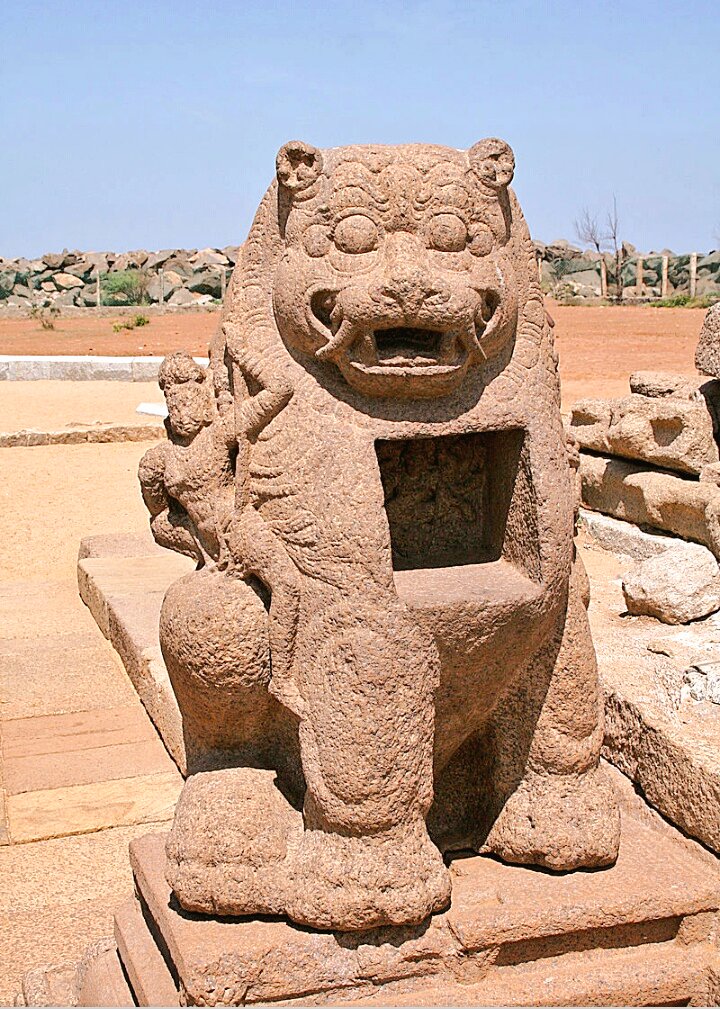 Lion statue that appeared after the December 26, 2004 tsunami on the beach of Mahabalipuram, India.