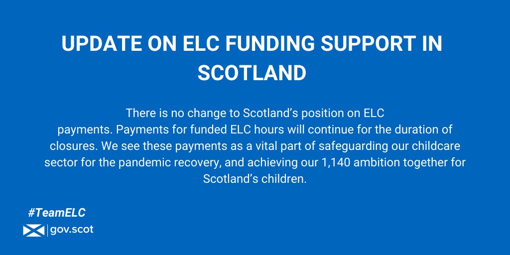Important thread for  #TeamELC Payments for funded ELC hours will continue for the duration of closures. We see these payments as a vital part of safeguarding our childcare sector for the pandemic recovery & achieving our 1,140 ambition together for Scotland’s children.