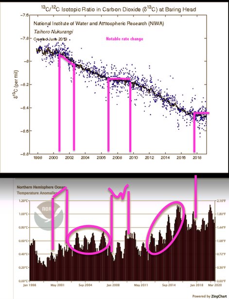 Tried to correlate the 3 notable 13CO2 phases with hemispheric temp anomalies. What do you say? Is the rate change conclusive with sea surface temperature changes? I don't see it. At least not considering rate of decrease and the profoundly differing temperature rises as circled