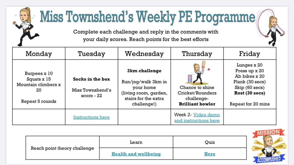Miss Townshend’s daily PE challenges are in the ACE/PE classrooms. Remember to give the theory quiz a go to earn reach points and house points 👌💪🏃‍♂️🏃‍♀️🏋️‍♂️🏏<a href="/reachfreeschool/">The Reach Free School</a>