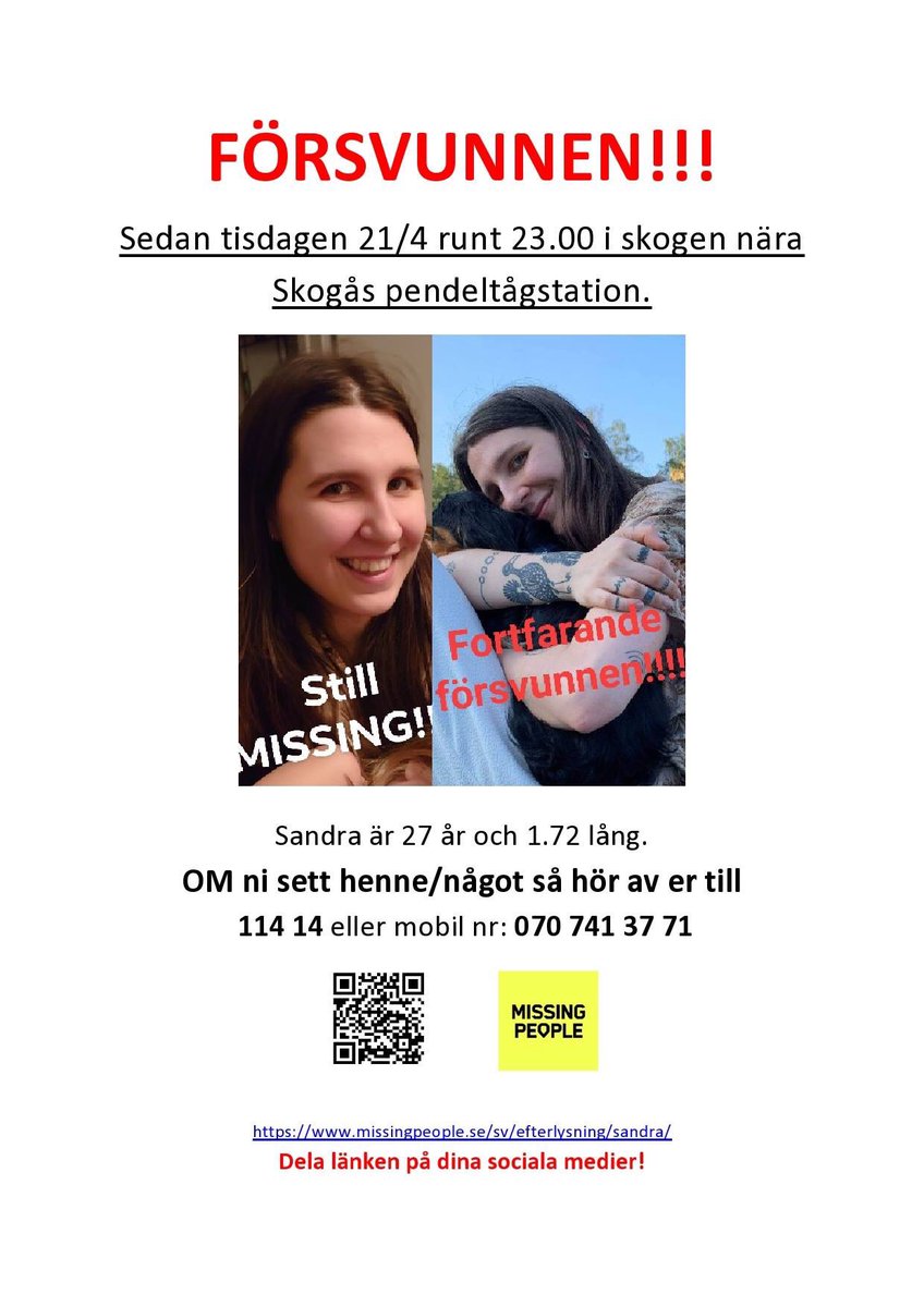 Vet inte om någon använder twitter längre, men om ni gör så snälla sprid detta. 

Min vän Sandra är försvunnen sen i tisdags och vi har varit ute och letat sen dess. Sprid bilderna på henne och be era nära och kära hålla ögonen öppna!

❤️❤️❤️
#hittasandra