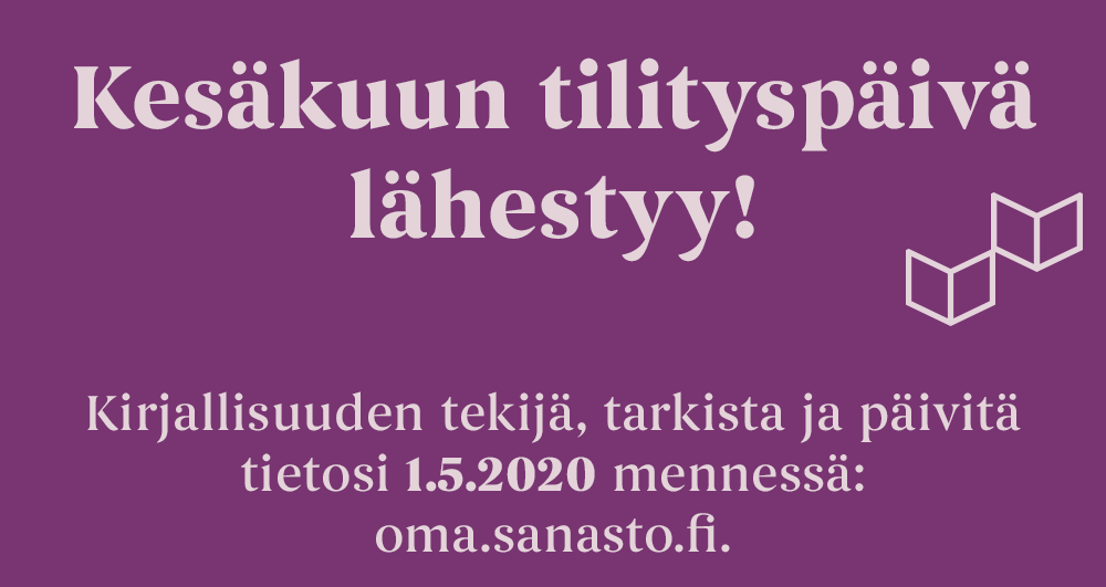 SanastoInfo's tweet photo. Kesäkuun #tilitys koittaa 1.6.2020! Kirjallisuuden tekijä, tarkista teosluettelosi ja muut tietosi pe 1.5. mennessä: https://t.co/YVqMYACjsf! Kesäkuussa tilitetään mm. lainauskorvauksia lisä- ja täydennystilityksinä. Lue lisää: https://t.co/W7sVC0J5Yi #lainauskorvaus https://t.co/RWNHM77TPb