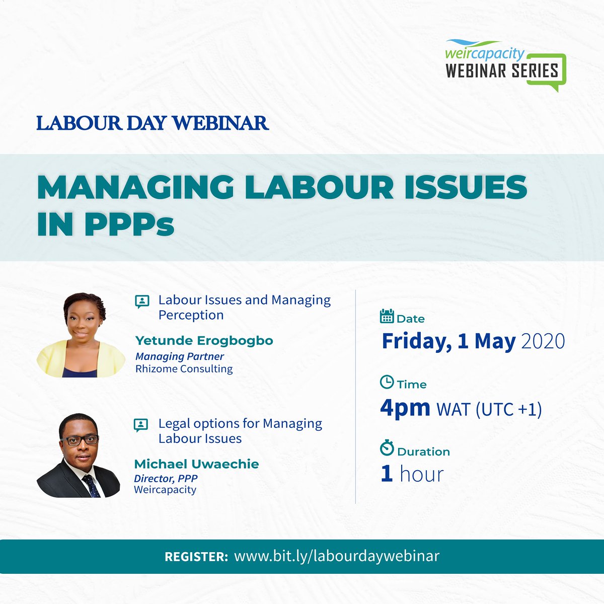 weircapacity's tweet photo. #Yellowfield and #Brownfield #PPPs sometimes face a number #labour issues. Let's discuss managing #perception and #Legal options
#PPP #Infrastructure #LabourDay #CP3P
@APMG_Inter @WBG_PPP @PIDA_Africa https://t.co/d5phFl1QJ8