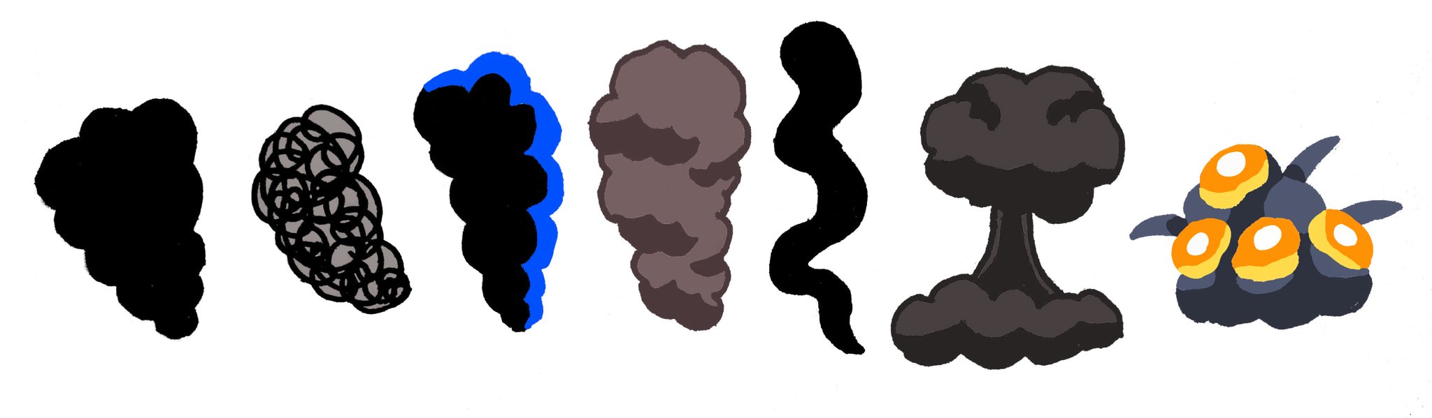 ツバタン 漫画や絵本 アニメなどに出てきそうな黒い煙のイラストを描いてみました シンプルからモヤモヤタイプともくもくタイプと細いタイプとキノコ雲タイプと爆煙タイプまでの種類を描きました 黒い煙 黒煙 モヤモヤ もくもく 細い煙 キノコ雲