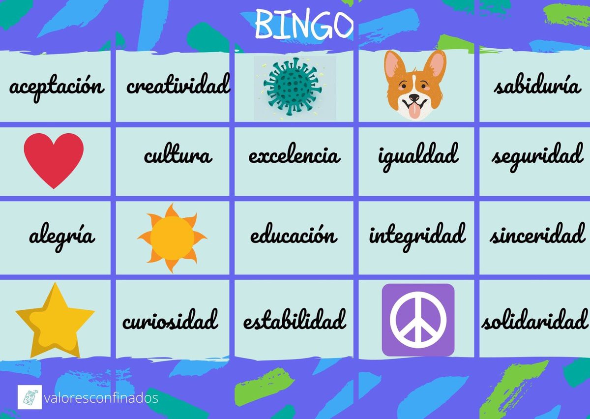 VConfinados's tweet photo. ¡¡¡BINGO!!! Hoy os traemos una actividad para que trabajéis en equipo, os divirtáis y reflexionéis sobre algunos valores. 
Valores Confinados: BINGO https://t.co/IjIQeRlxe3
#APS #valores #valoresconfinados #educacionenvalores #confinamiento https://t.co/1UPfazUuLK
