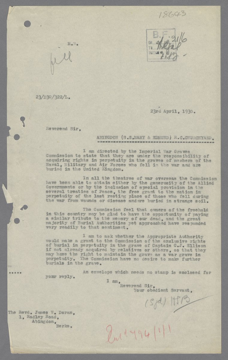 Later on the  @CWGC then contacted the Reverend Doran, and in this letter set out their desire to gain exclusive rights of burial in perpetuity for the grave of Captain Ellison - a process that was repeated with varying levels of success around the country.