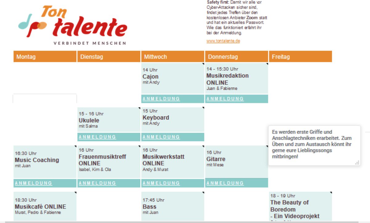 Hallo zusammen,auch auf Twitter ist Tontalente jetzt wieder am Start!Wir haben viele tolle online Angebote für euch!Langeweile adé!Hier kommt ihr zu unserem online Kursplan: docs.google.com/spreadsheets/d…
Und hier direkt zur Anmeldung oder zum allgemeinen Kontakt:tontalente.de/kontakt.html